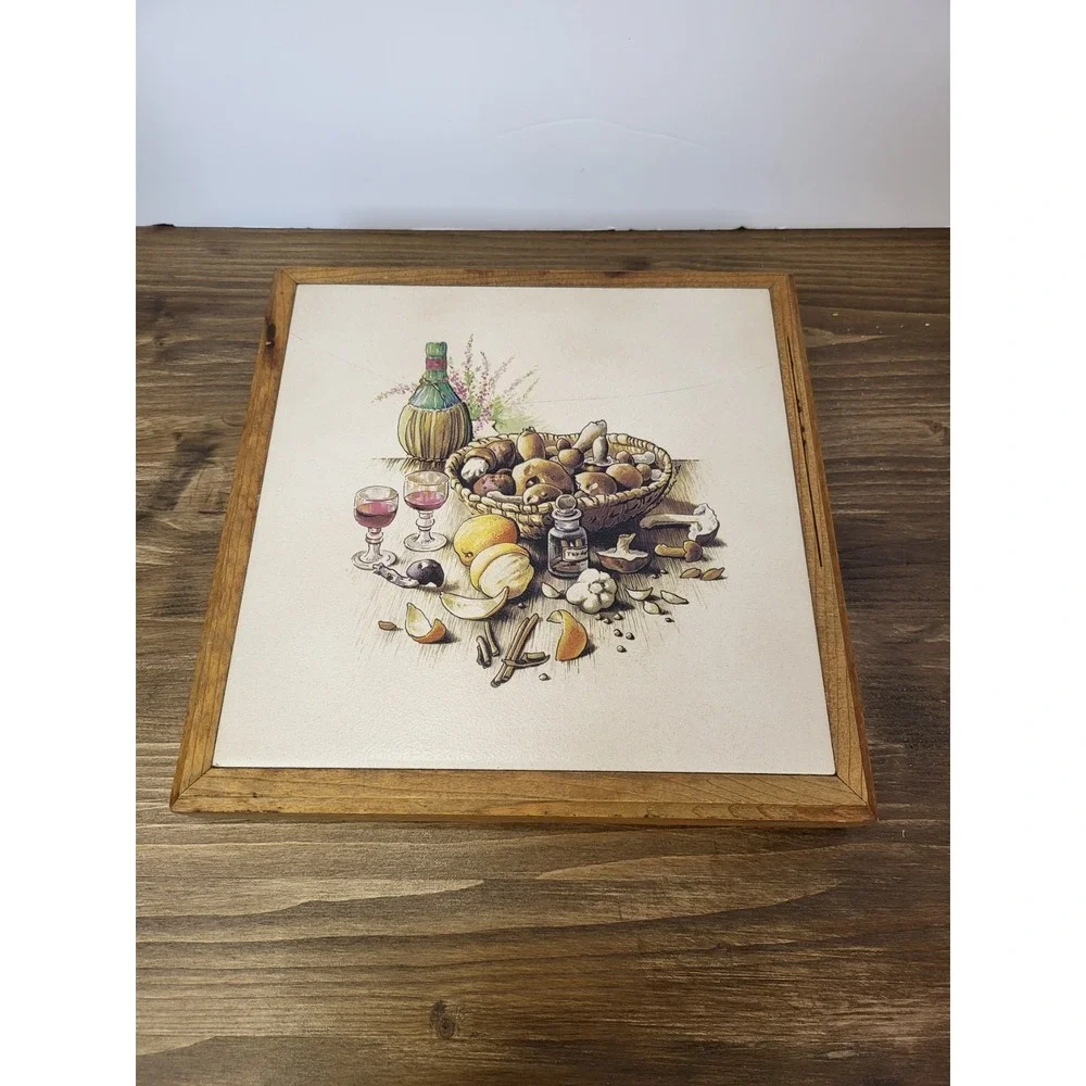 Vintage Wood Framed Ceramic Tile Trivet Wine Mushrooms 9x9 Made in USA